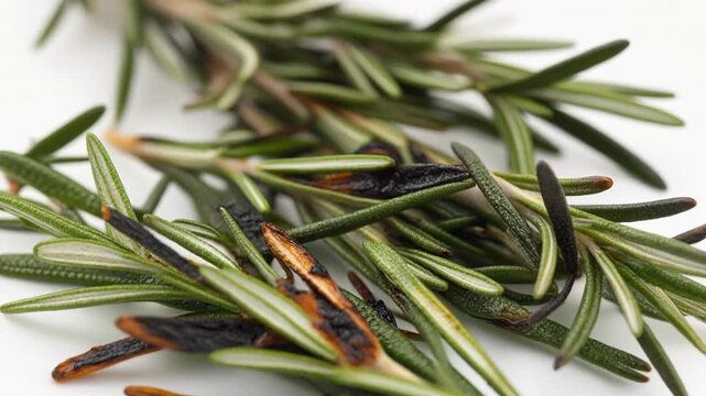Rosemary sprigs with burnt tips closeup.