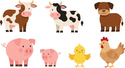 Cute farm animal characters vector set with cows pigs dog chicken and chick isolated on white background for agriculture and kids designs © MstTanzila