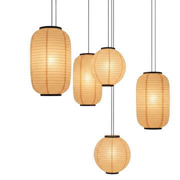 Assorted hanging bamboo lampshades in various shapes isolated on transparent background