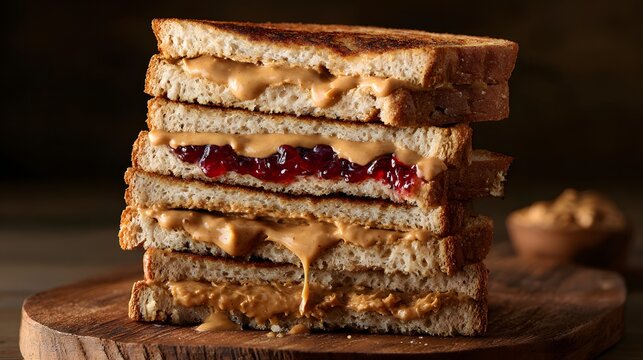 Delicious Stack of Peanut Butter and Jelly Sandwiches on a Wooden Board.