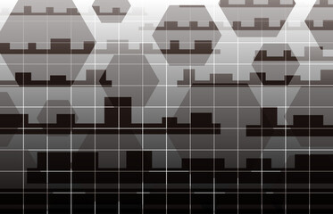 たくさんの六角形、正方形が並ぶグリッド、デコボコとした形のオブジェクトが重なる柄の模様でグラデーションの効果も付けてデザインしたテクノロジー、テジタル、近未来的な要素もある幾何学的なイラストの画像、装飾物、背景、壁紙、テクスチャのグラフィックの素材