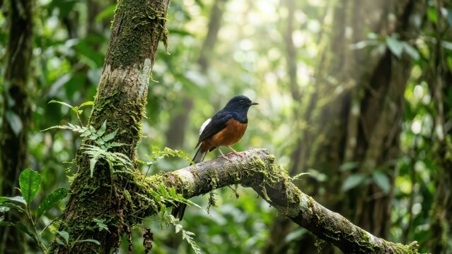 Murai Batu Bird Perched Prominently on Mossy Branch in Lush Forest Sunlight