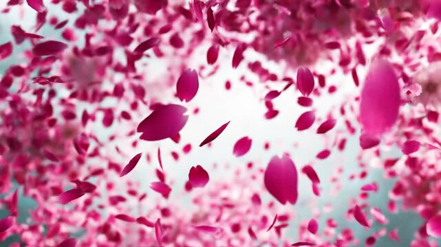 Pink rose petals bursting and falling through the air in slow motion. Floral explosion sequence for romantic celebrations, love events, and wedding confetti effects