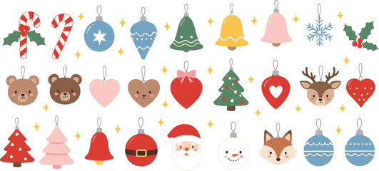 Cute Christmas ornaments and holiday icons vector set with santa reindeer bear candy cane tree bells hearts and winter decorations isolated © MstTanzila