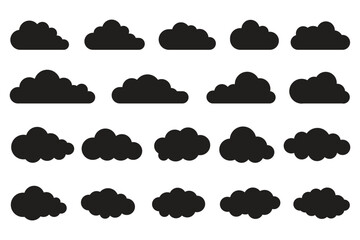 set of vector illustrations of clumpy clouds . weather cloud black icons sky clouds set . 