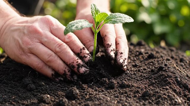 Hands planting young seedling in rich soil. Closeup cinematic gardening process. Natural growth nurturing and environmental care lifestyle concept