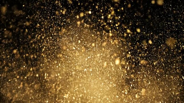 Cinematic slow motion abstract burst of cryptocurrency symbol into golden particles dispersing on dark background. Digital finance explosion effect for virtual money visualization and blockchain