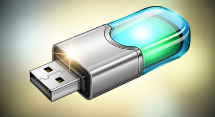 Glowing blue and green usb flash drive on radiant background symbolizing technology and data storage