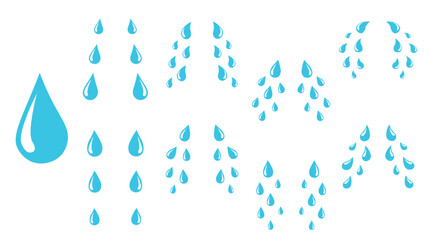 Blue Water Drop and Rainfall Icons Set Isolated on White Background