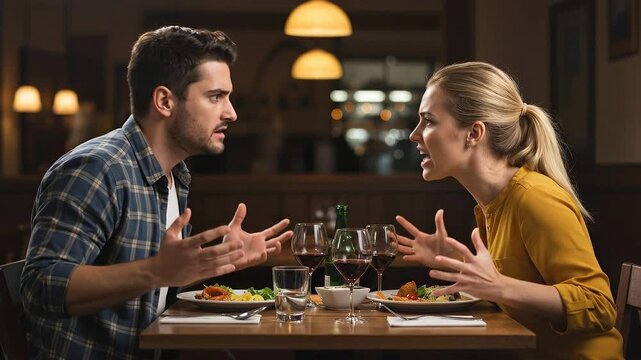 Man and woman in animated argument at restaurant dinner table. Couple gesturing intensely over meal in heated discussion. Mute 4k relationship conflict sequence