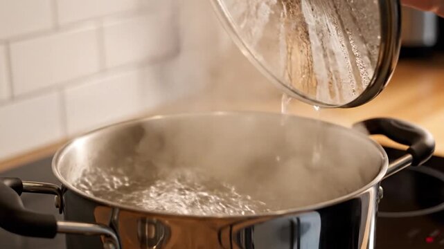 A person's hand carefully lifts the lid from a pot of boiling water on