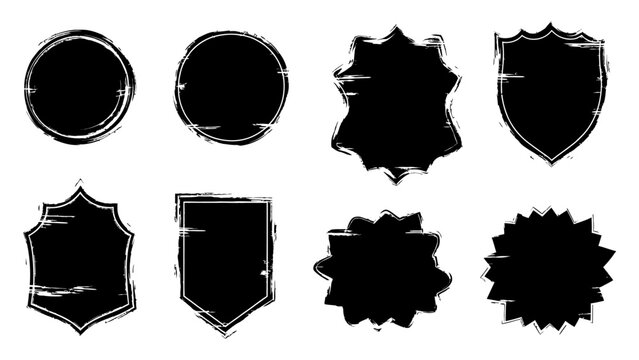 Vintage grunge labels and black shield shapes for retro brand identity designs vector illustration.