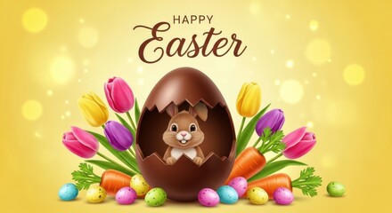Fototapeta premium Happy Easter greeting card with cute bunny in chocolate egg, spring tulips and colorful eggs on yellow bokeh background, festive holiday banner