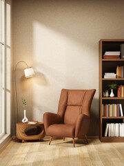 Brown leather sofa chair and table with lamp and bookshelf on wooden floor with sunlight from window © bongkarn