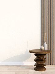 Flower vase on round wooden table with layered base on parquet floor and sunlight in white wall room