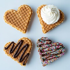 Four uniquely decorated heart shaped waffles display varied sweet toppings including whipped cream chocolate drizzle and colorful sprinkles against a plain background