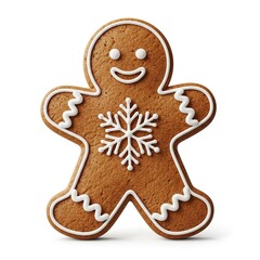Deliciously decorated gingerbread man cookie featuring intricate white royal icing trim and a prominent festive snowflake design isolated on white.