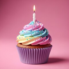 Single festive birthday cupcake topped with a burning white candle and colorful pastel sprinkles against a solid pink background