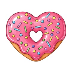 Sweet cartoon illustration of a delicious pink frosted heart shaped donut generously decorated with colorful candy sprinkles for dessert lovers