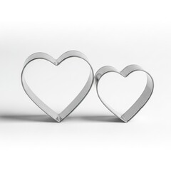 Two stainless steel heart shaped cookie cutters stand upright on a bright white surface symbolizing baking and sweet romantic confectionery creation
