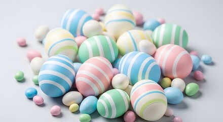 Easter sunday celebration with colorful pastel easter eggs and candy