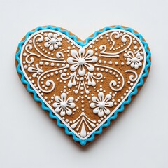 Highly detailed heart shaped gingerbread cookie decorated with intricate white royal icing floral patterns and bright blue scalloped border topping.