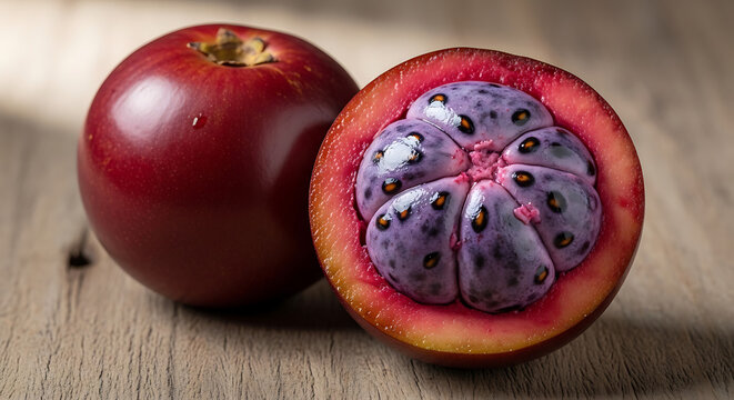 Bacaba whole fruit next to half cut showing dark purple pulp and rich texture