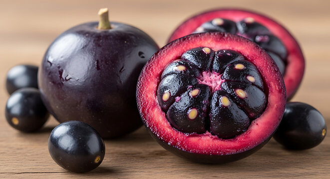 Bacaba whole fruit next to half cut showing dark purple pulp and rich texture