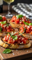 Toasted bread slices generously topped with fresh diced tomatoes, garlic, and basil leaves rest on a wooden board