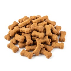 Pile of crunchy golden brown baked dog biscuits shaped like small bones scattered together on a clean white background for pet nutrition.