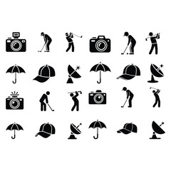 Collection of black golf camera umbrella cap satellite dish