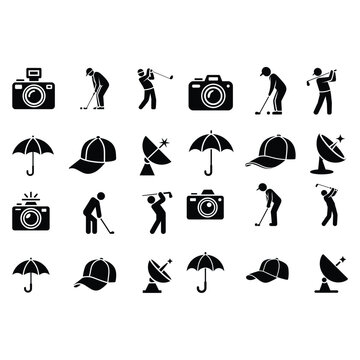 Collection of black golf camera umbrella cap satellite dish