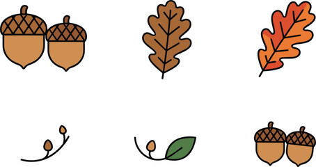 Autumn Oak Leaf and Acorn Vector Illustration Set with Brown Nuts Orange Foliage and Tree Branches Isolated Design Elements © Sirajul