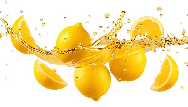 Fresh lemons with juice splash, realistic food illustration, white background.