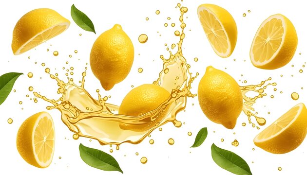 Fresh lemons with juice splash, realistic food illustration, white background.