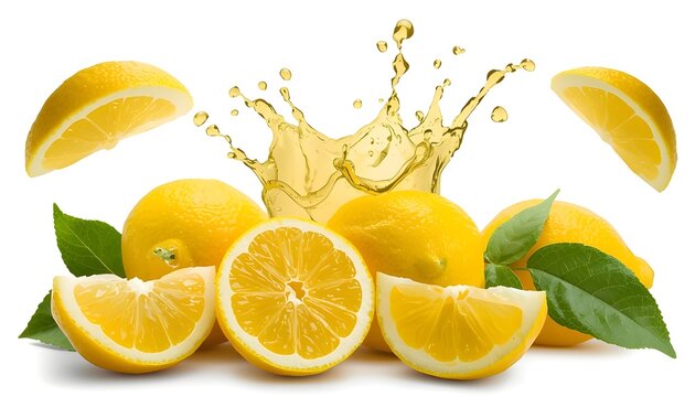 Fresh lemons with juice splash, realistic food illustration, white background.
