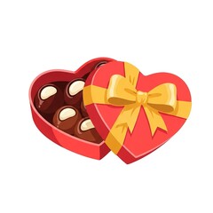 Open bright red heart shaped box filled with delicious milk chocolates tied with a large golden yellow bow illustration perfect for romance.