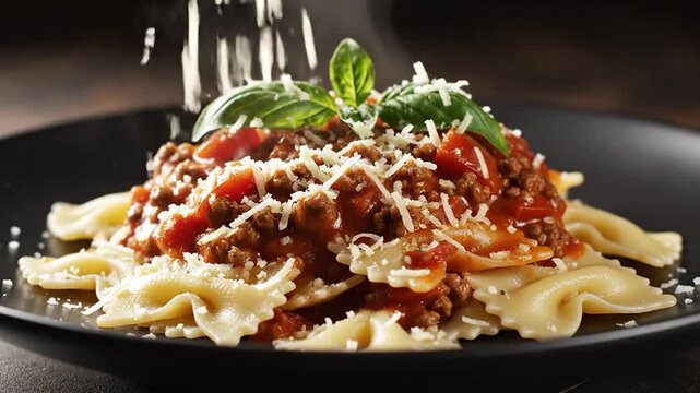 Delicious hot farfalle pasta with rich bolognese sauce and fresh basil on