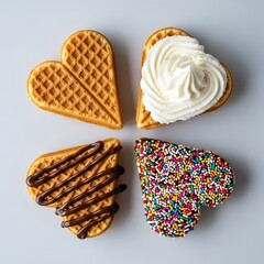 Four heart shaped waffles displayed with diverse gourmet toppings including plain chocolate drizzle whipped cream and colorful sprinkles