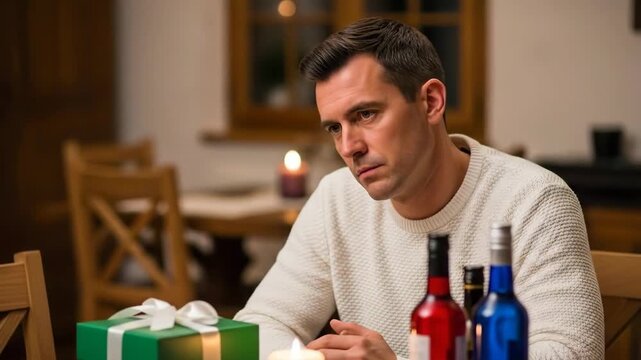 Man reflecting on gifts and wine in a cozy setting