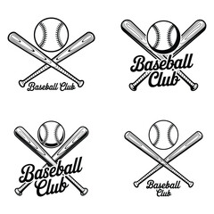 Four baseball club emblems with crossed bats and ball