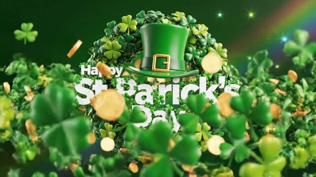 Happy St. Patrick's Day Animation with Shamrock Wreath, Leprechaun Hat, and Gold Coins on Green Background