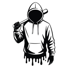 Black silhouette of a person in a hooded sweatshirt holding a baseball bat
