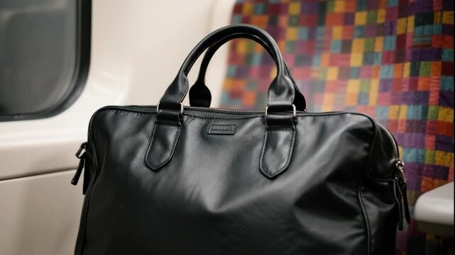 A sleek black bag rests on a colorful train seat.