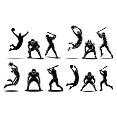 Black silhouettes of athletes playing basketball football and baseball