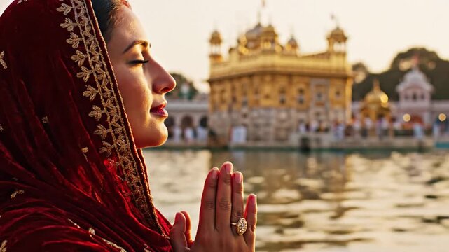 Woman Praying in Front of Golden Temple in India.
