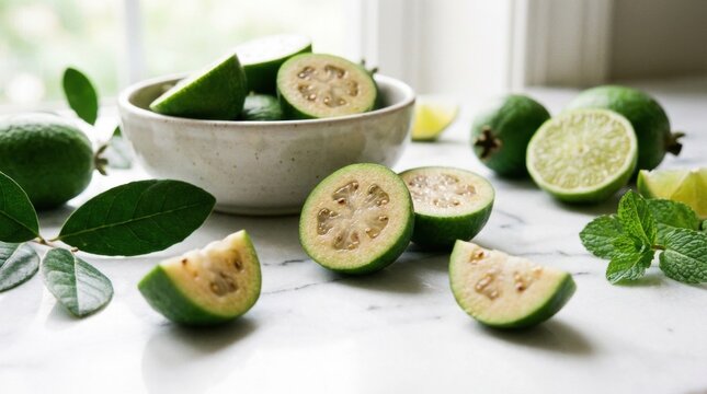 Sliced Feijoa Pineapple Guava fruit showcased in a bowl with whole fruits, 20260210_040637