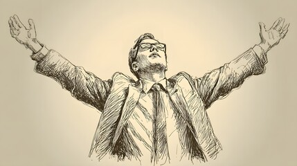 Fototapeta premium Man in Suit with Arms Raised in Triumph and Celebration.