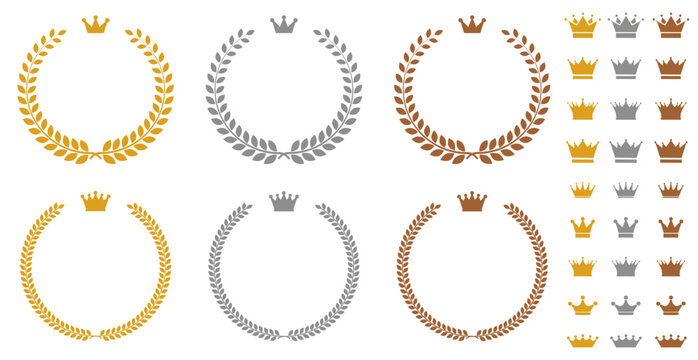 光沢のない　表彰に使える月桂樹と王冠のベクターセット　金銀銅　123位