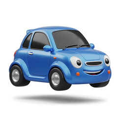 Blue cartoon car with big eyes and smiling face on white background transparent background